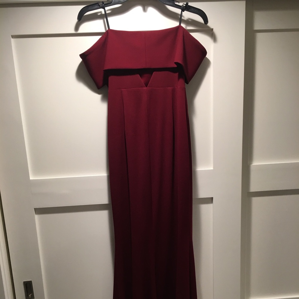 Off the Shoulder Bordeaux Crepe Floor Length Gown